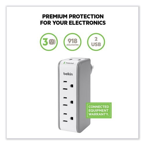 Wall Mount Surge Protector, 3 AC Outlets/2 USB Ports, 918 J, Gray/White